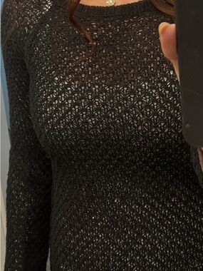 Black Open-Knit Long Sleeve Women's Sweater